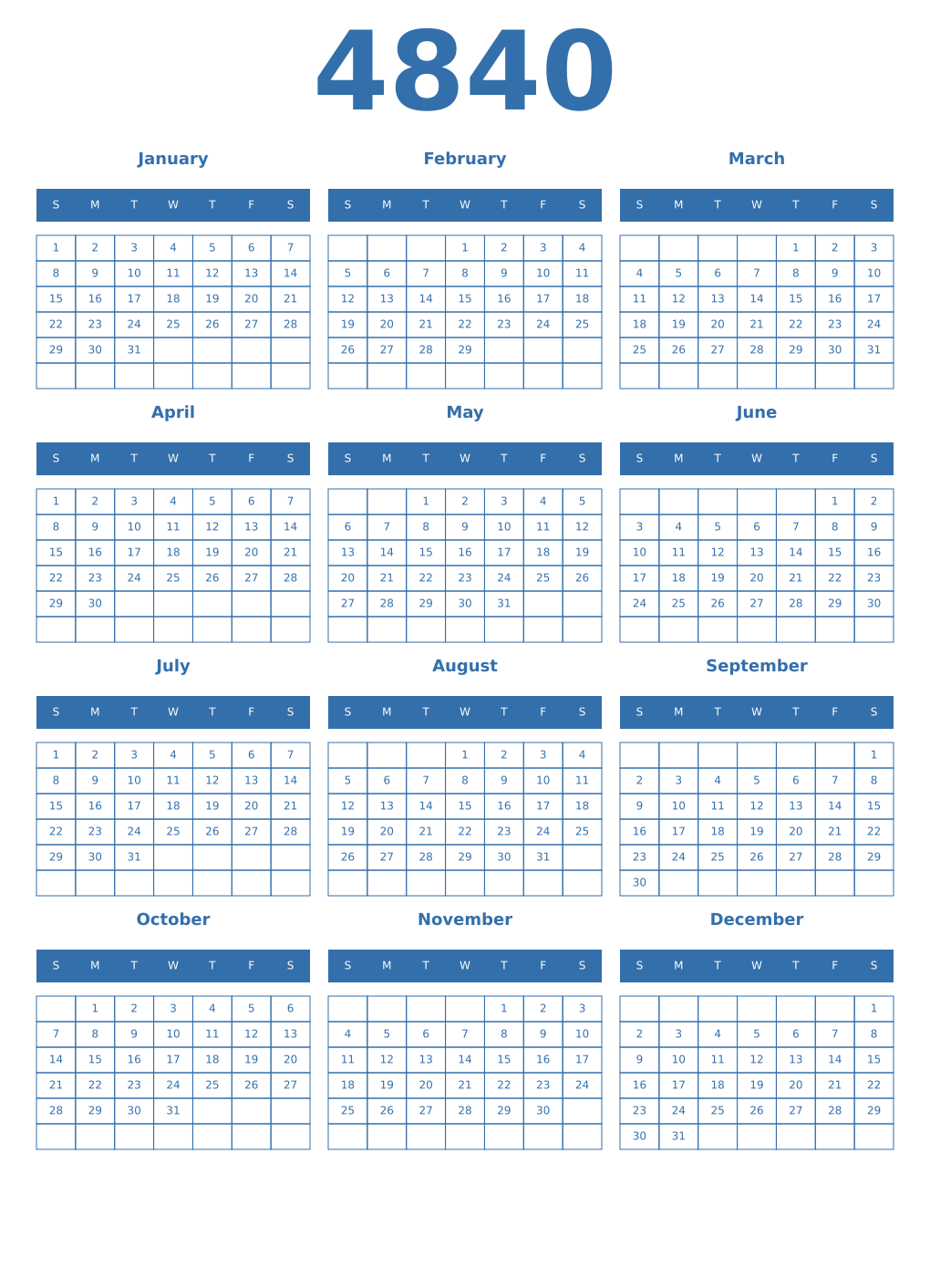 Printable 4840 Year Calendars blue