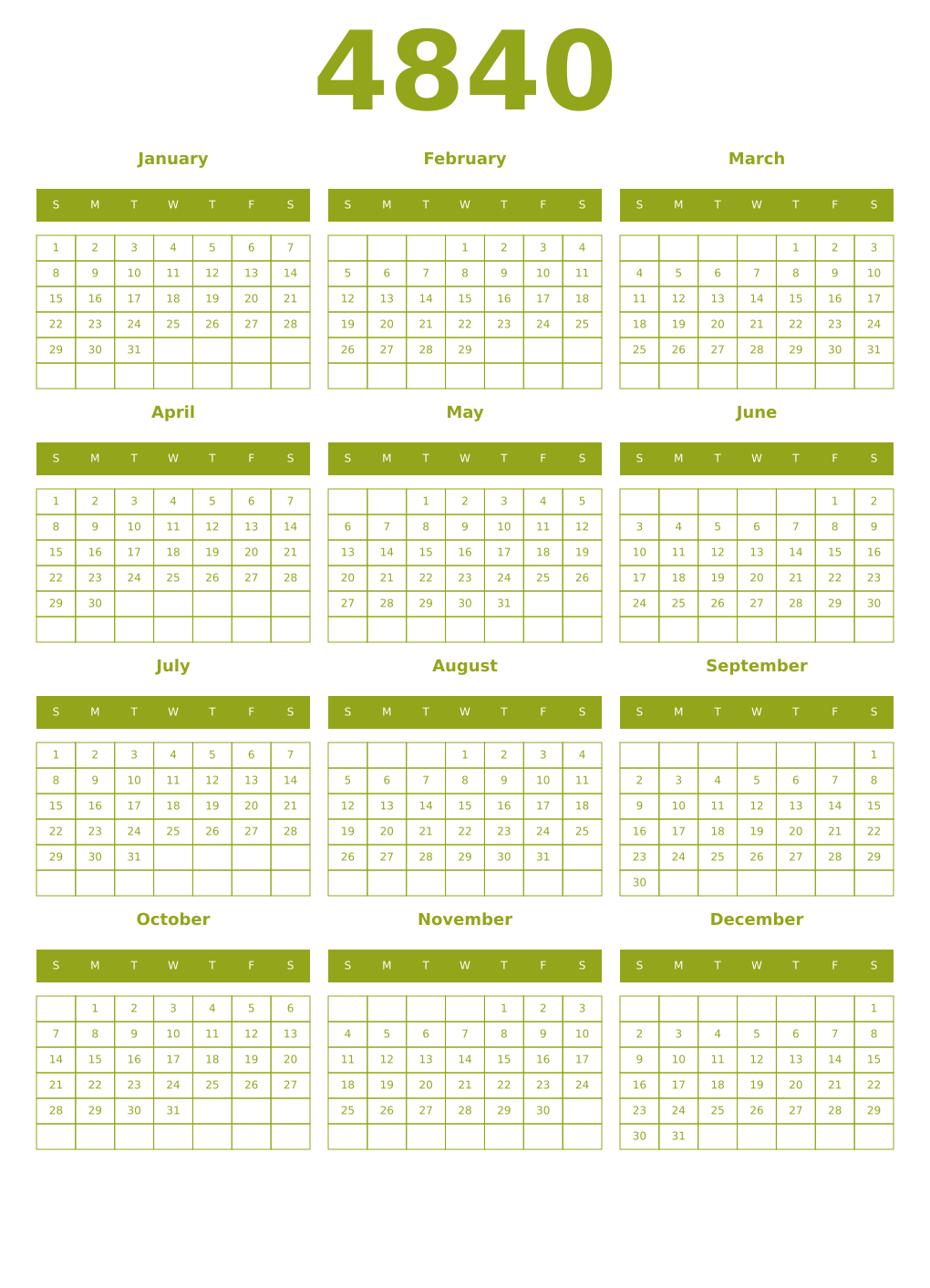 Printable 4840 Year Calendars chartreuse