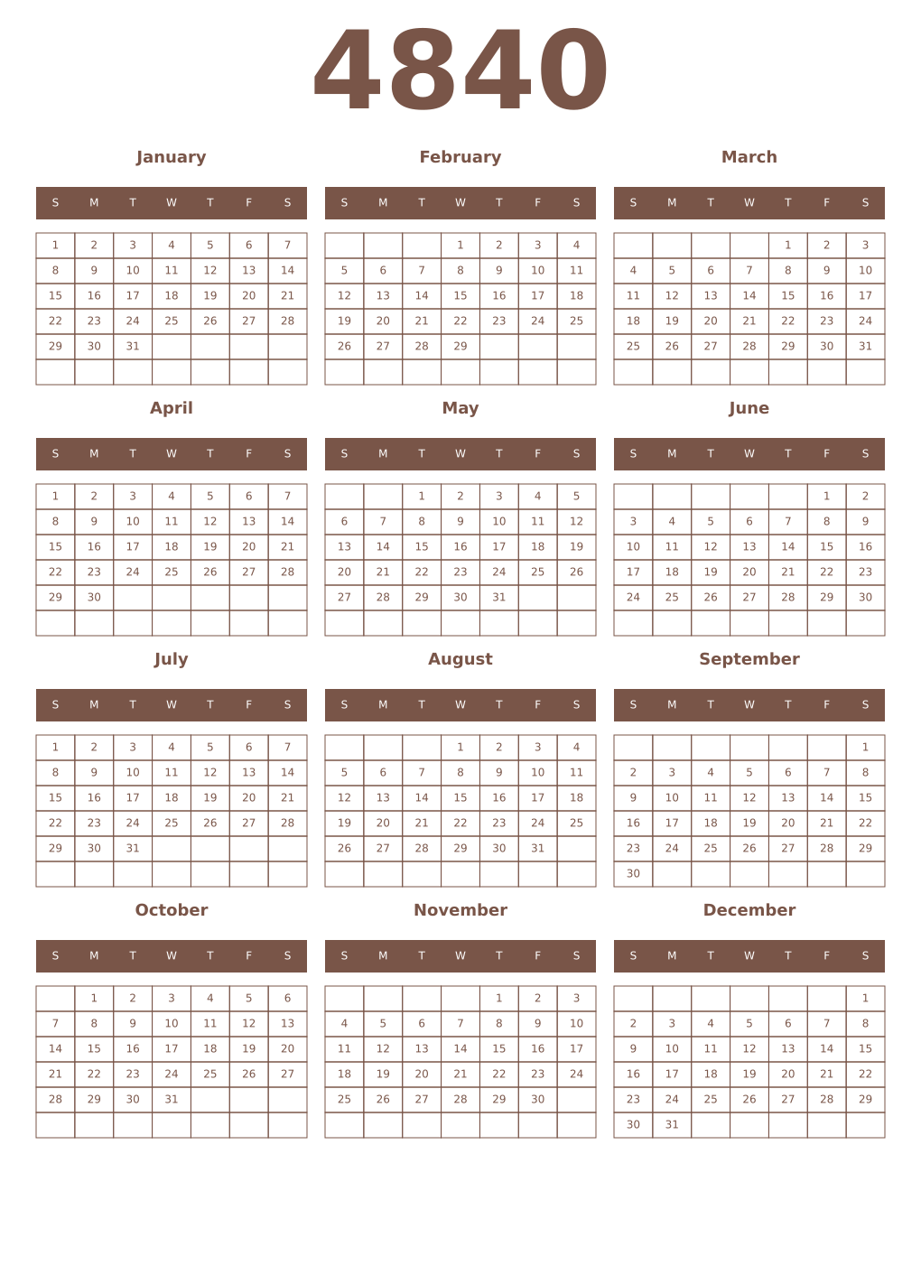 Printable 4840 Year Calendars coffe