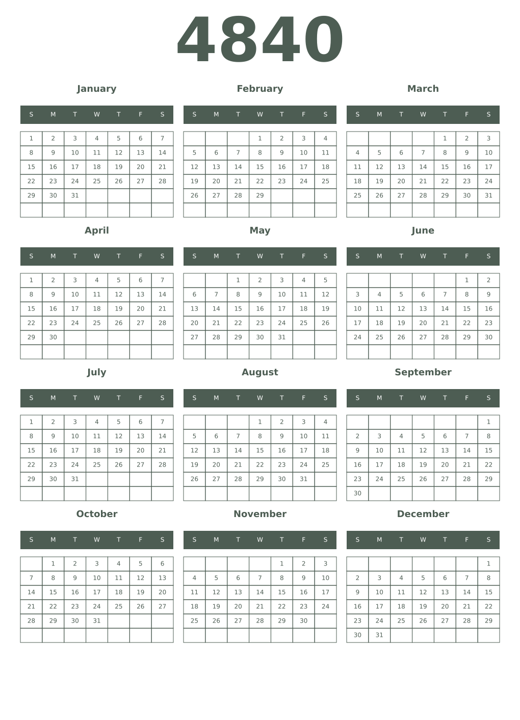 Printable 4840 Year Calendars feldgrau