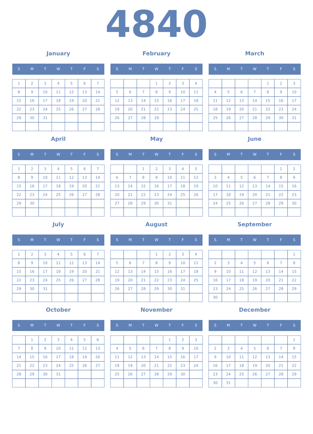 Printable 4840 Year Calendars glaucous