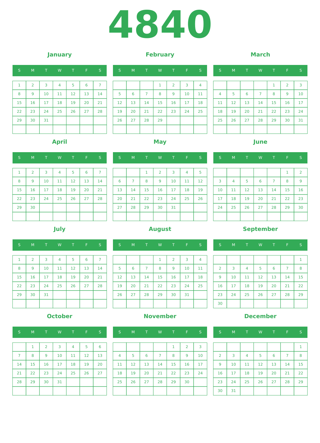 Printable 4840 Year Calendars green