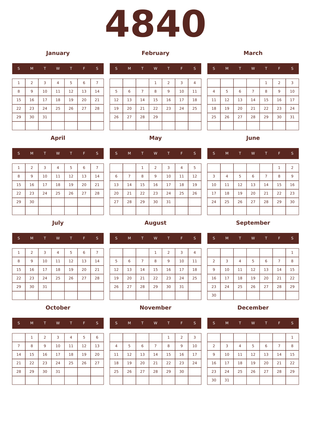 Printable 4840 Year Calendars mortuum