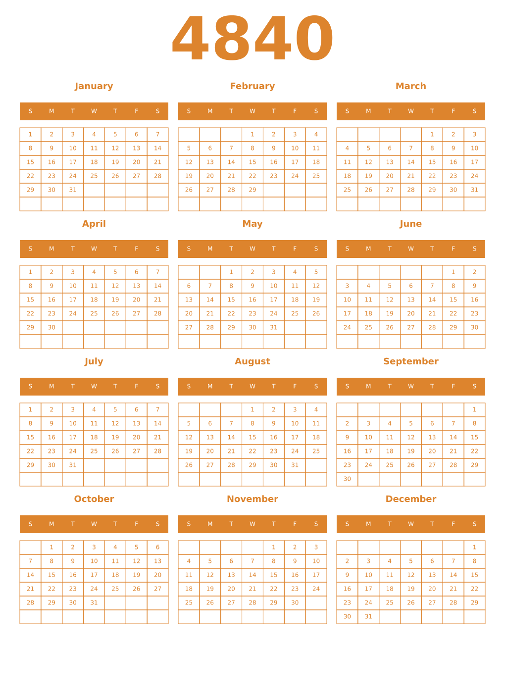 Printable 4840 Year Calendars orange