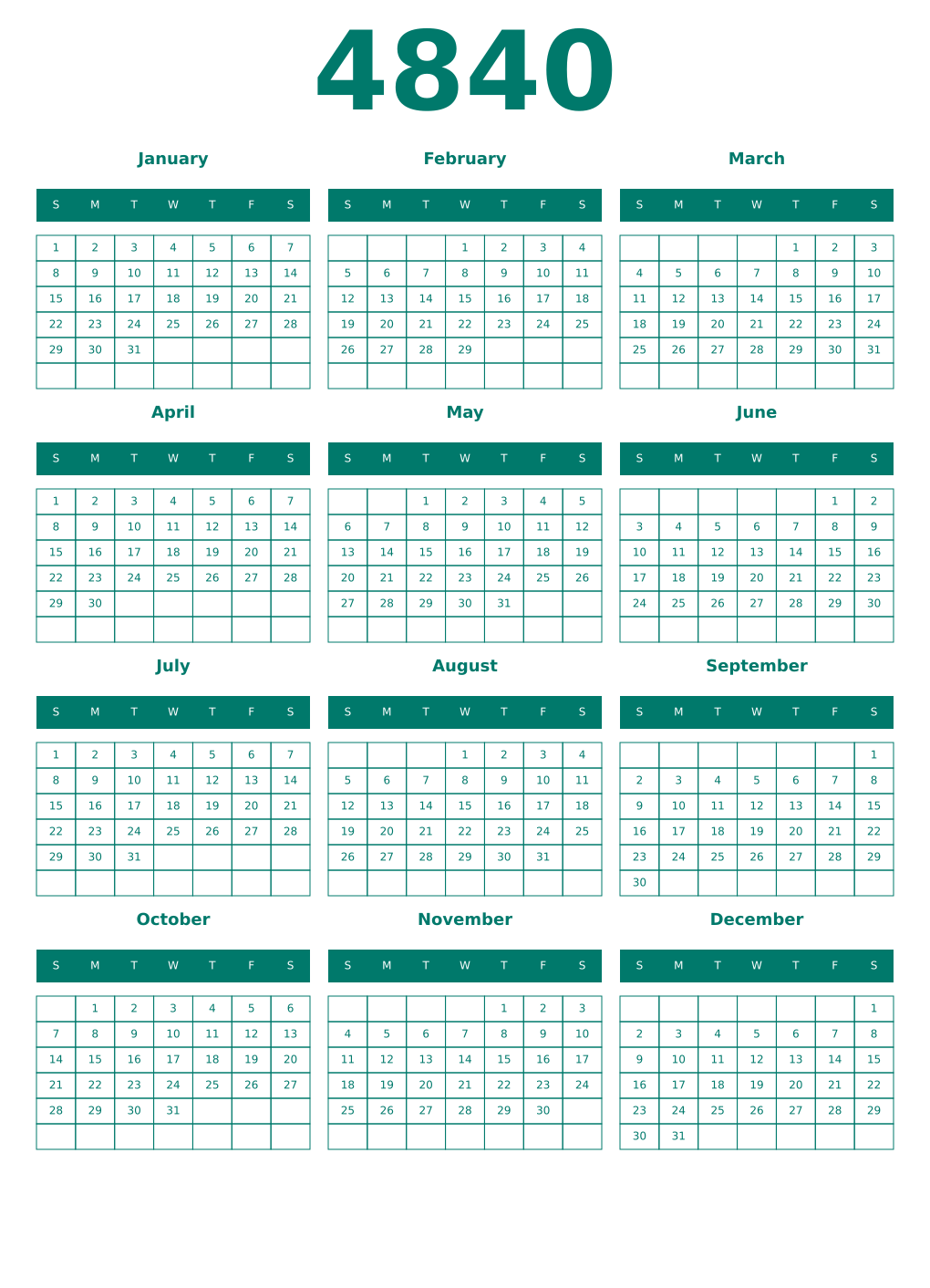 Printable 4840 Year Calendars pastel