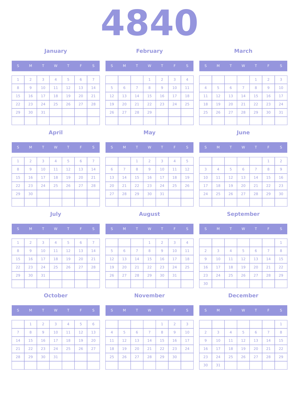 Printable 4840 Year Calendars periwinkle