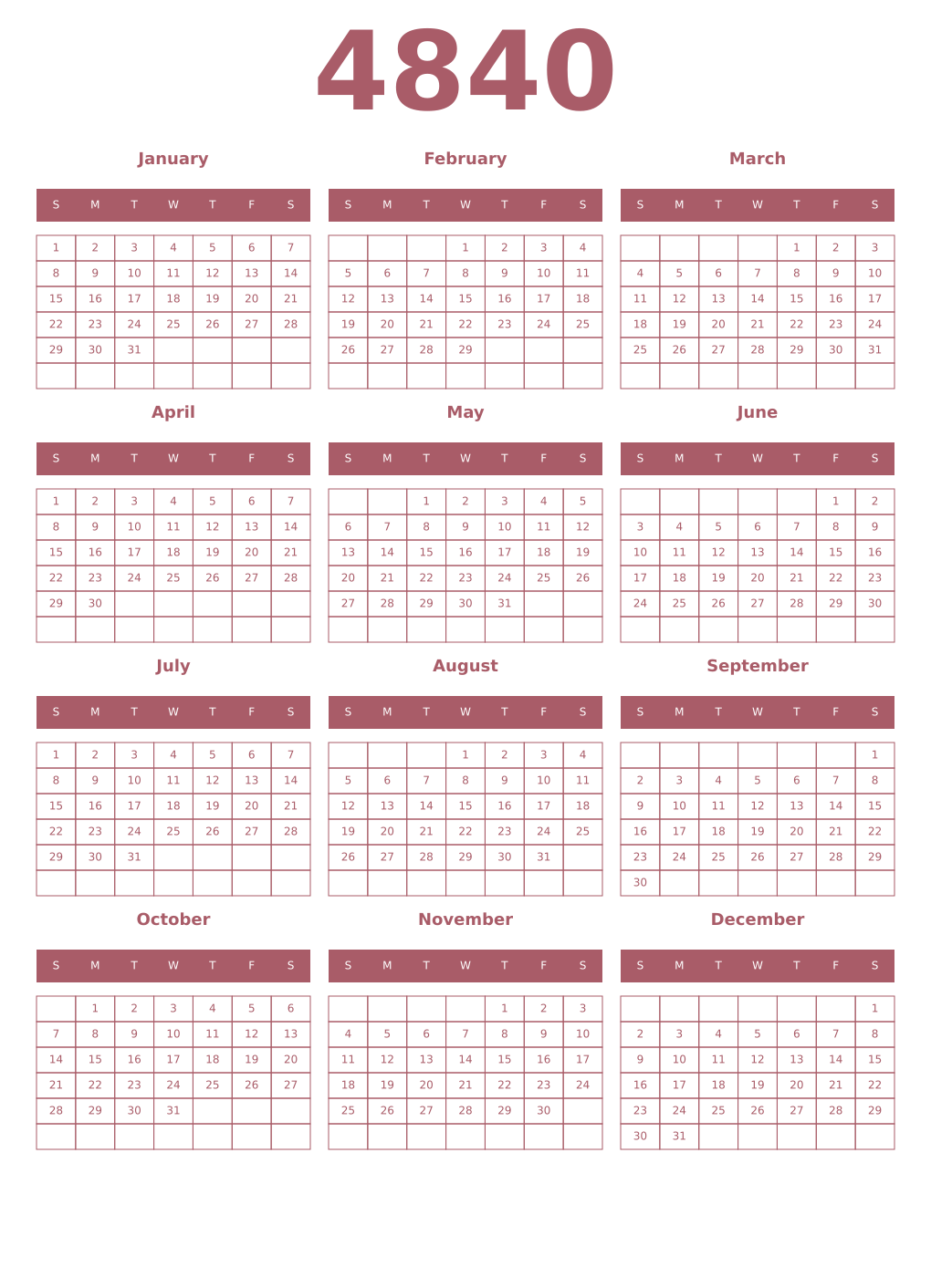 Printable 4840 Year Calendars puce