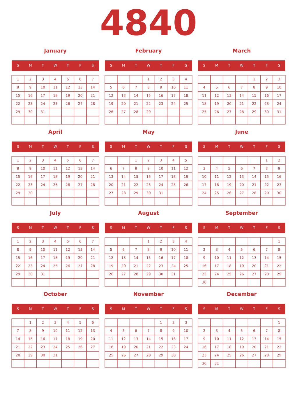 Printable 4840 Year Calendars red