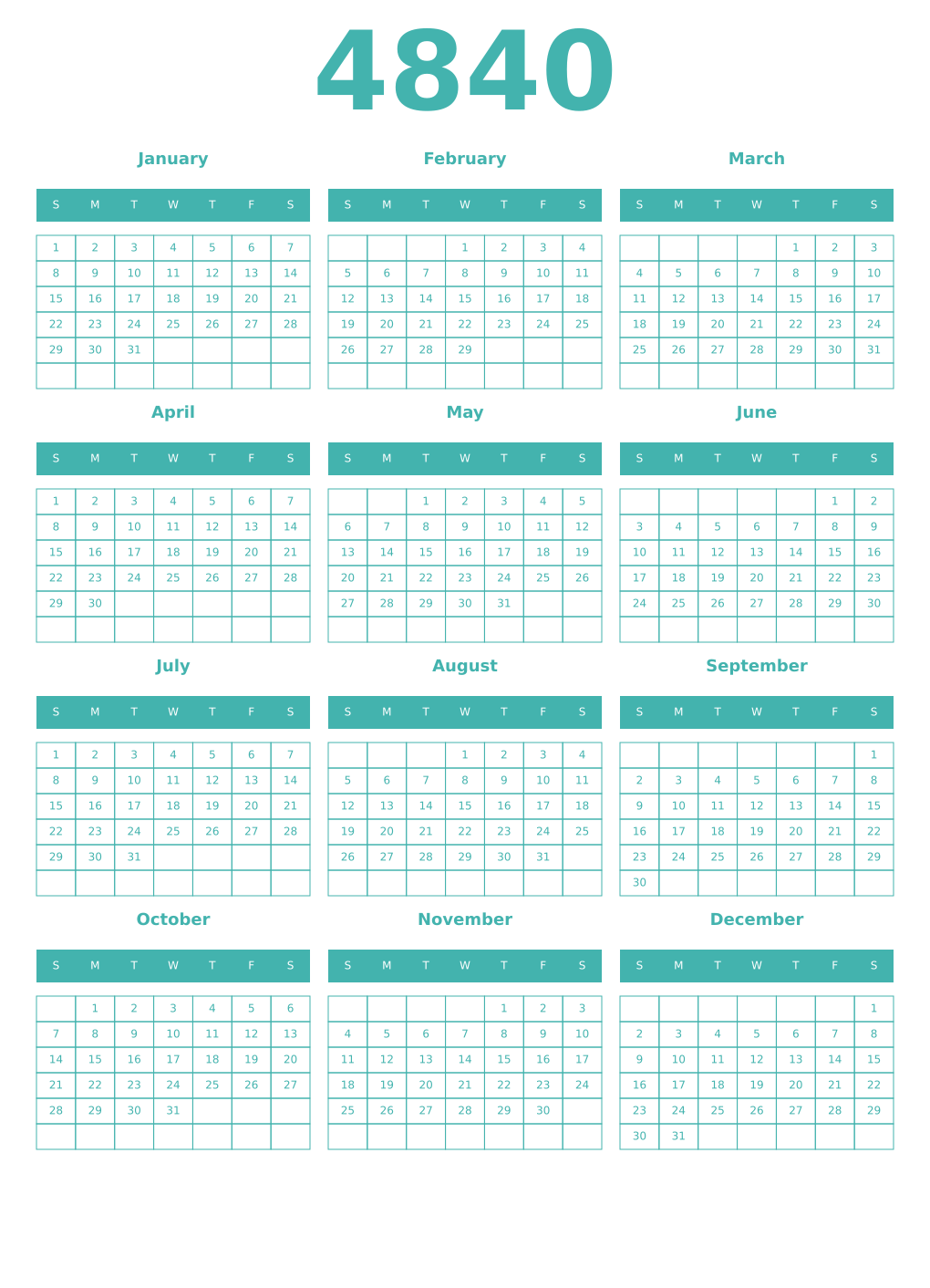 Printable 4840 Year Calendars verdigris