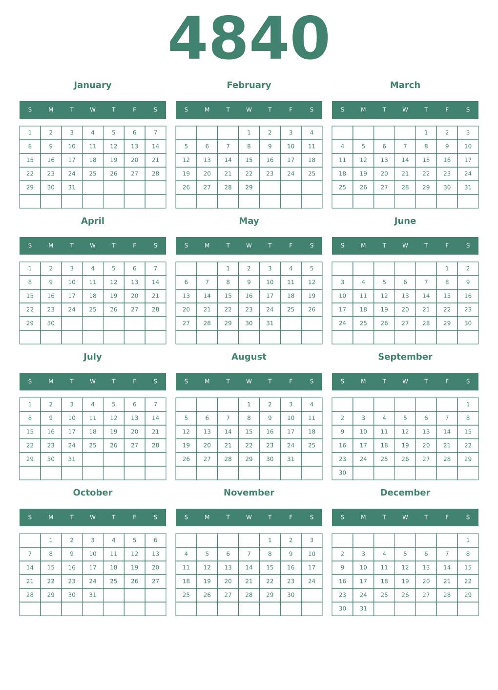 Printable 4840 Year Calendars viridian