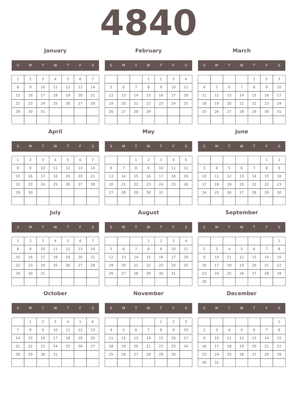 Printable 4840 Year Calendars wenge