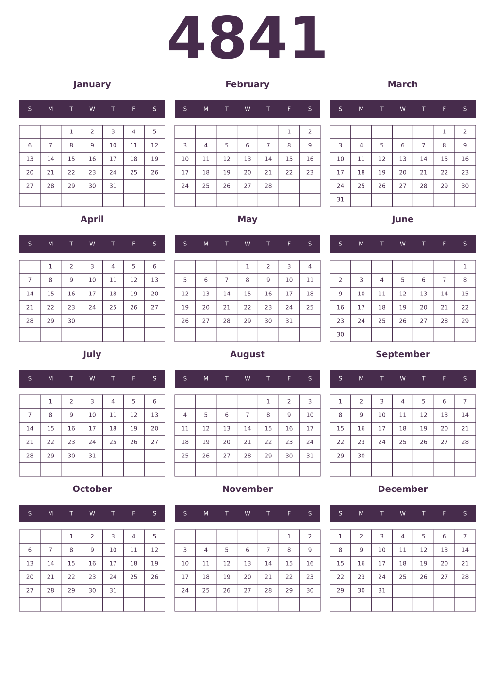 Printable 4841 Year Calendars aubergine
