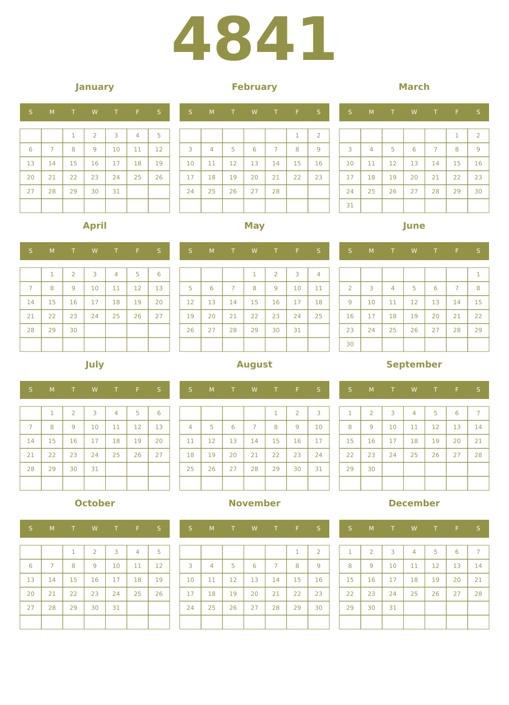 Printable 4841 Year Calendars eburnean