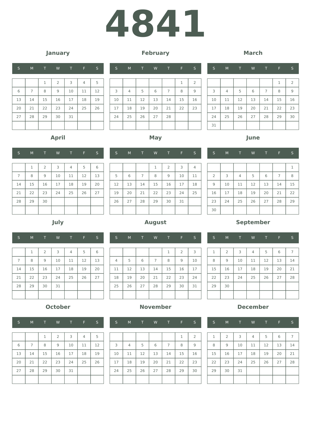 Printable 4841 Year Calendars feldgrau