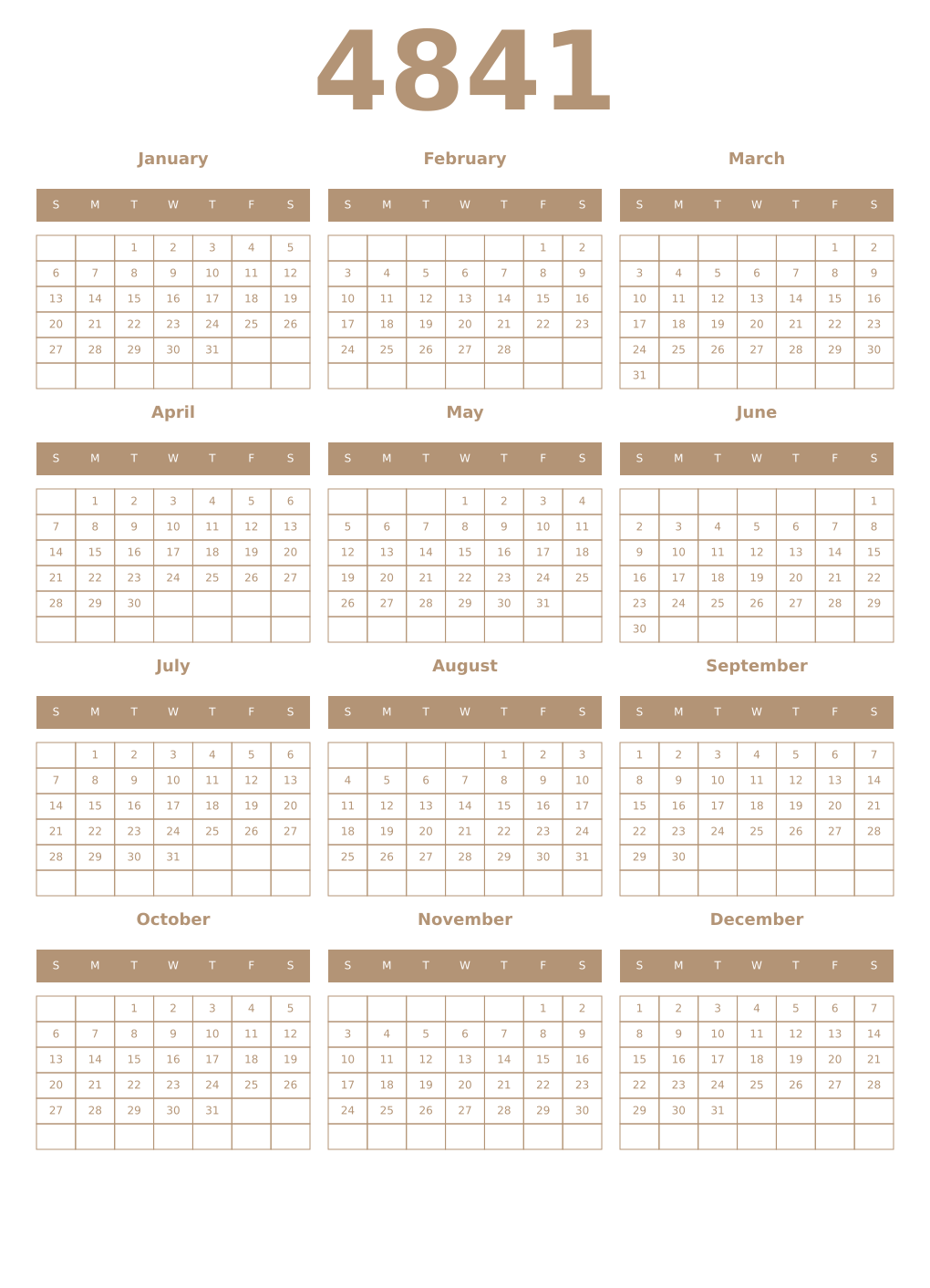Printable 4841 Year Calendars isabelline