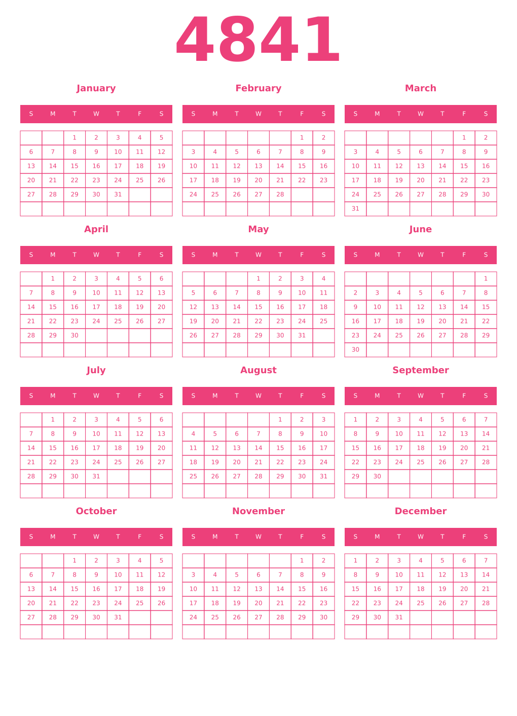 Printable 4841 Year Calendars pink