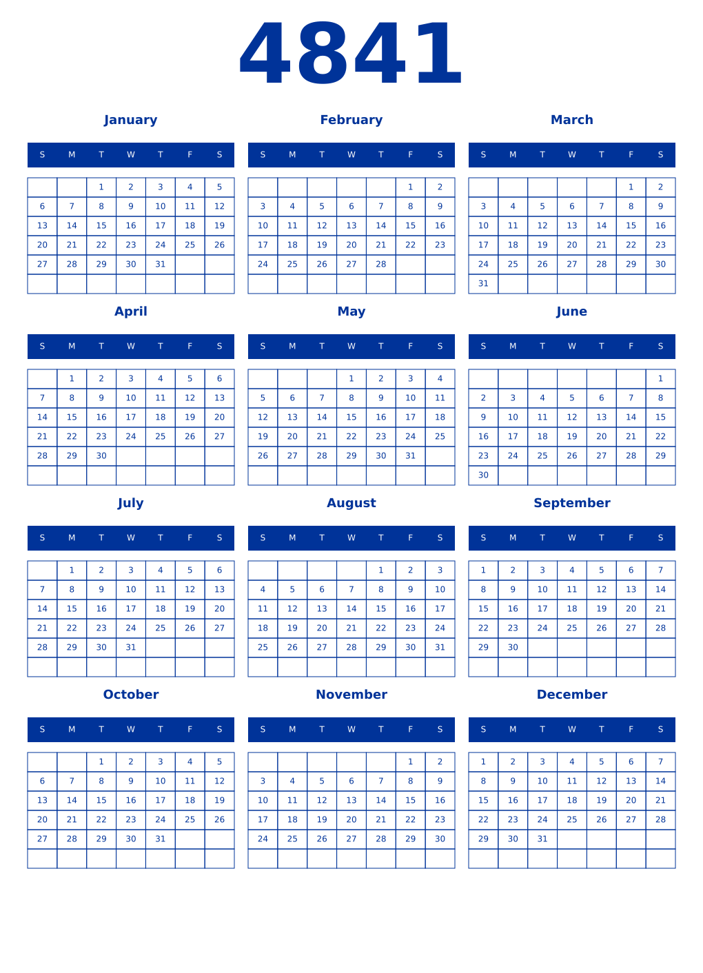 Printable 4841 Year Calendars smalt