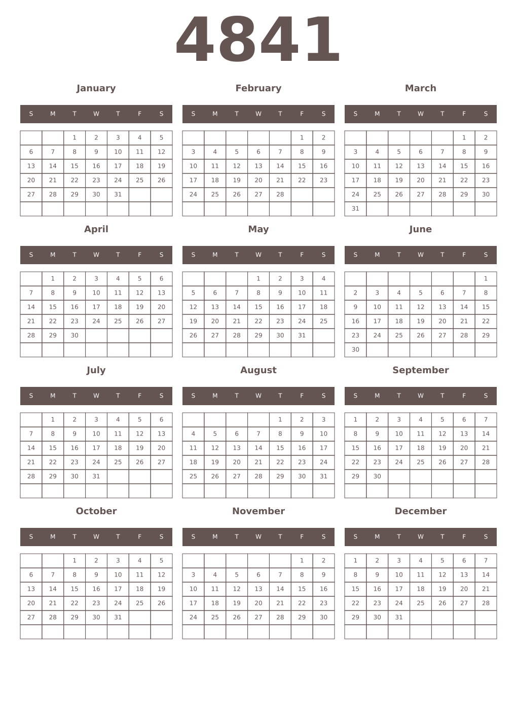 Printable 4841 Year Calendars wenge