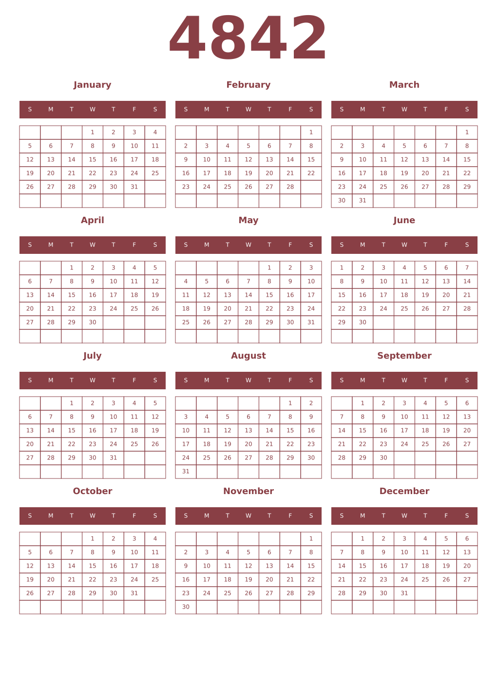 Printable 4842 Year Calendars cordovan