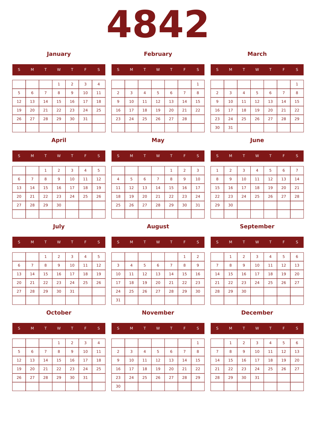 Printable 4842 Year Calendars falu