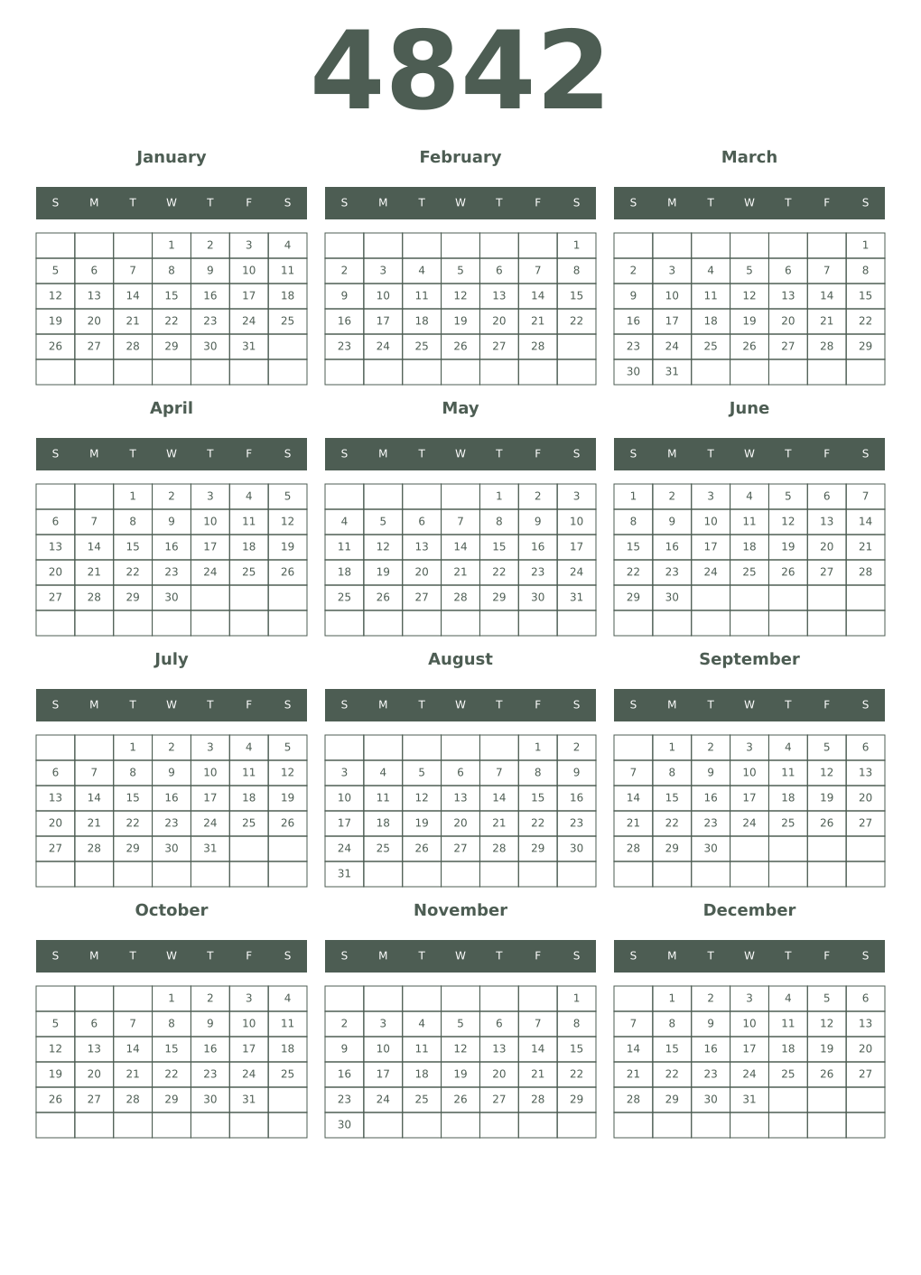 Printable 4842 Year Calendars feldgrau