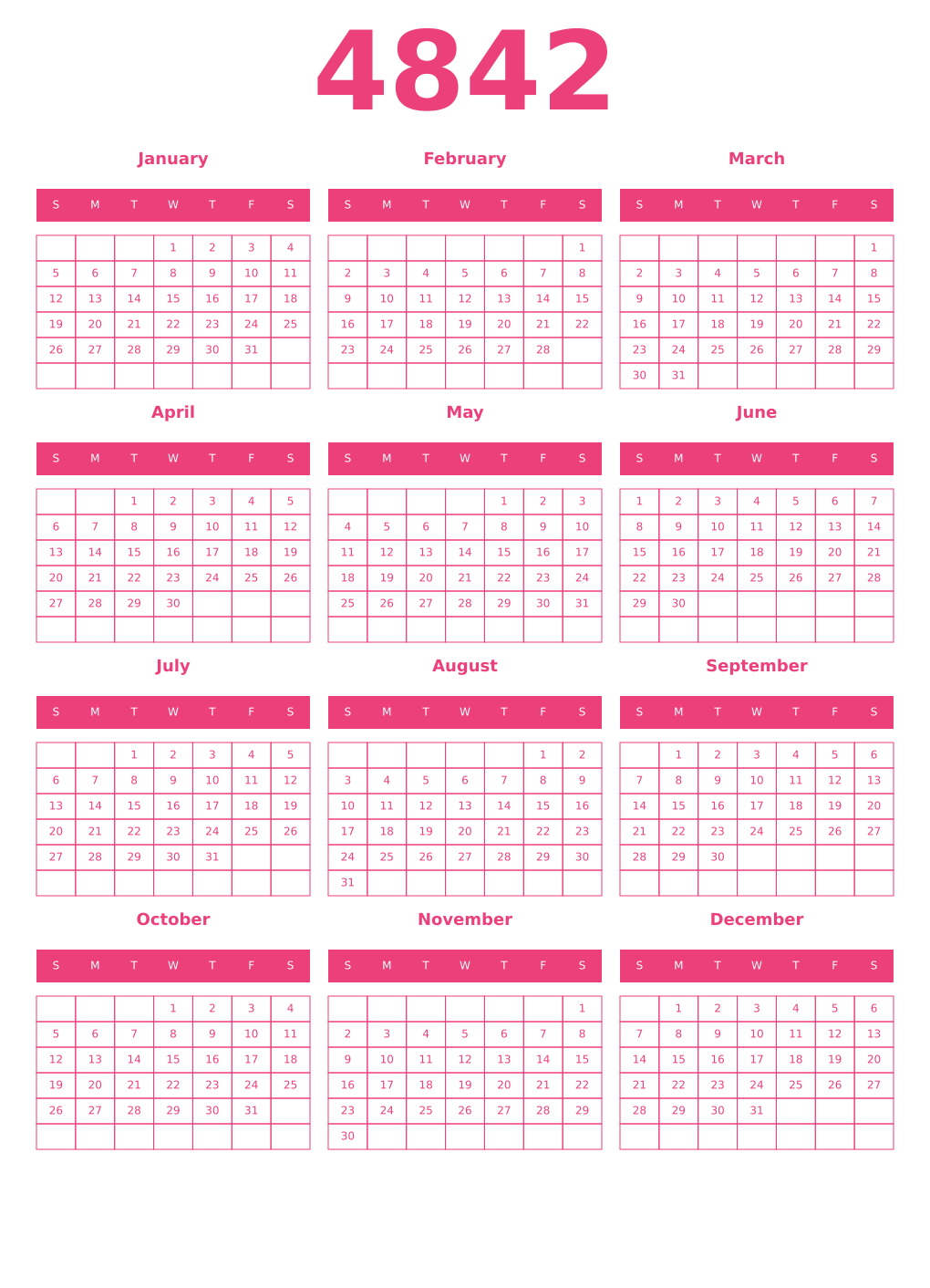 Printable 4842 Year Calendars pink