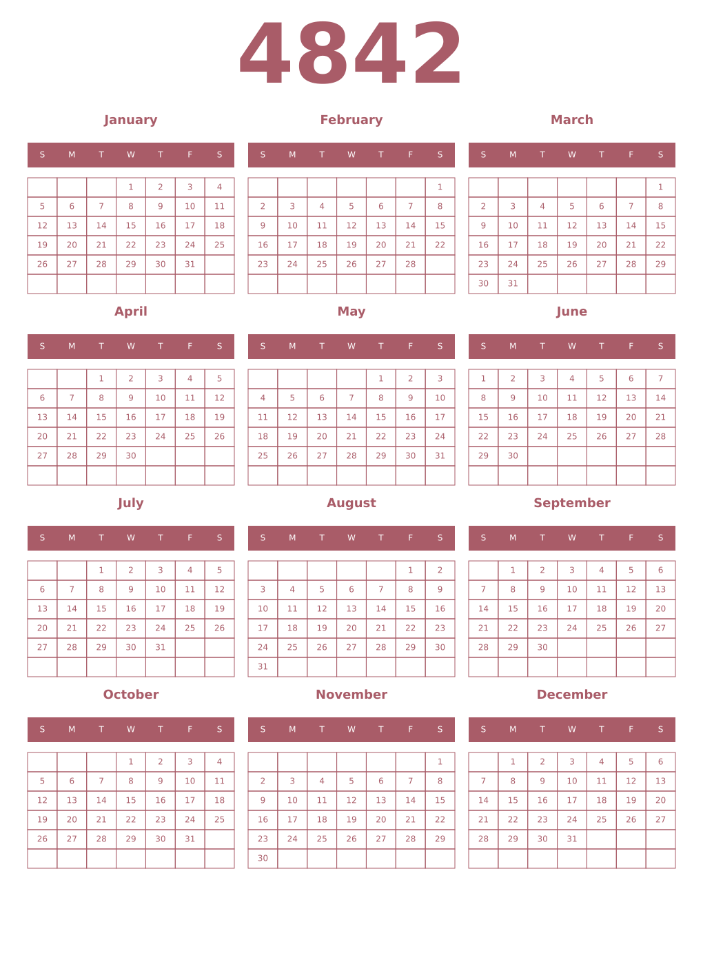 Printable 4842 Year Calendars puce