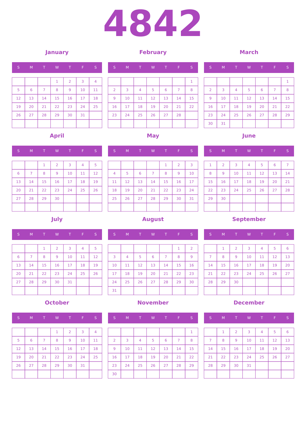 Printable 4842 Year Calendars purple
