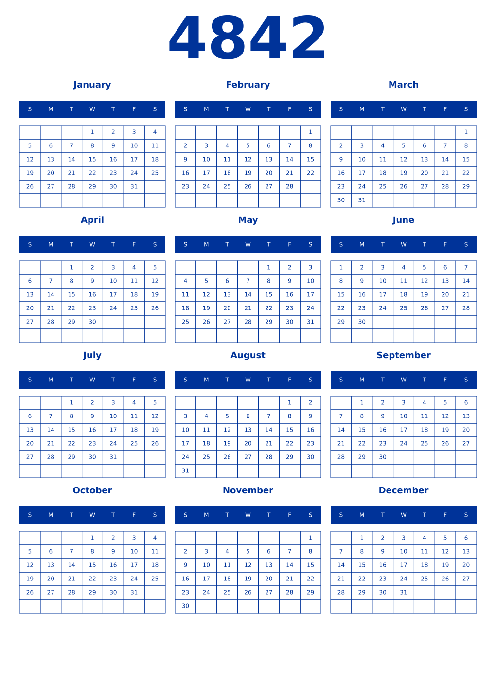 Printable 4842 Year Calendars smalt