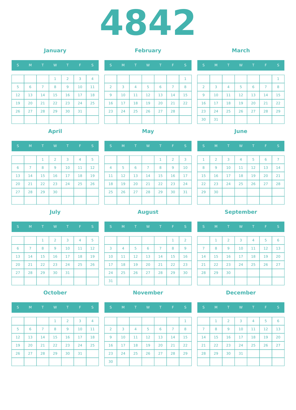 Printable 4842 Year Calendars verdigris