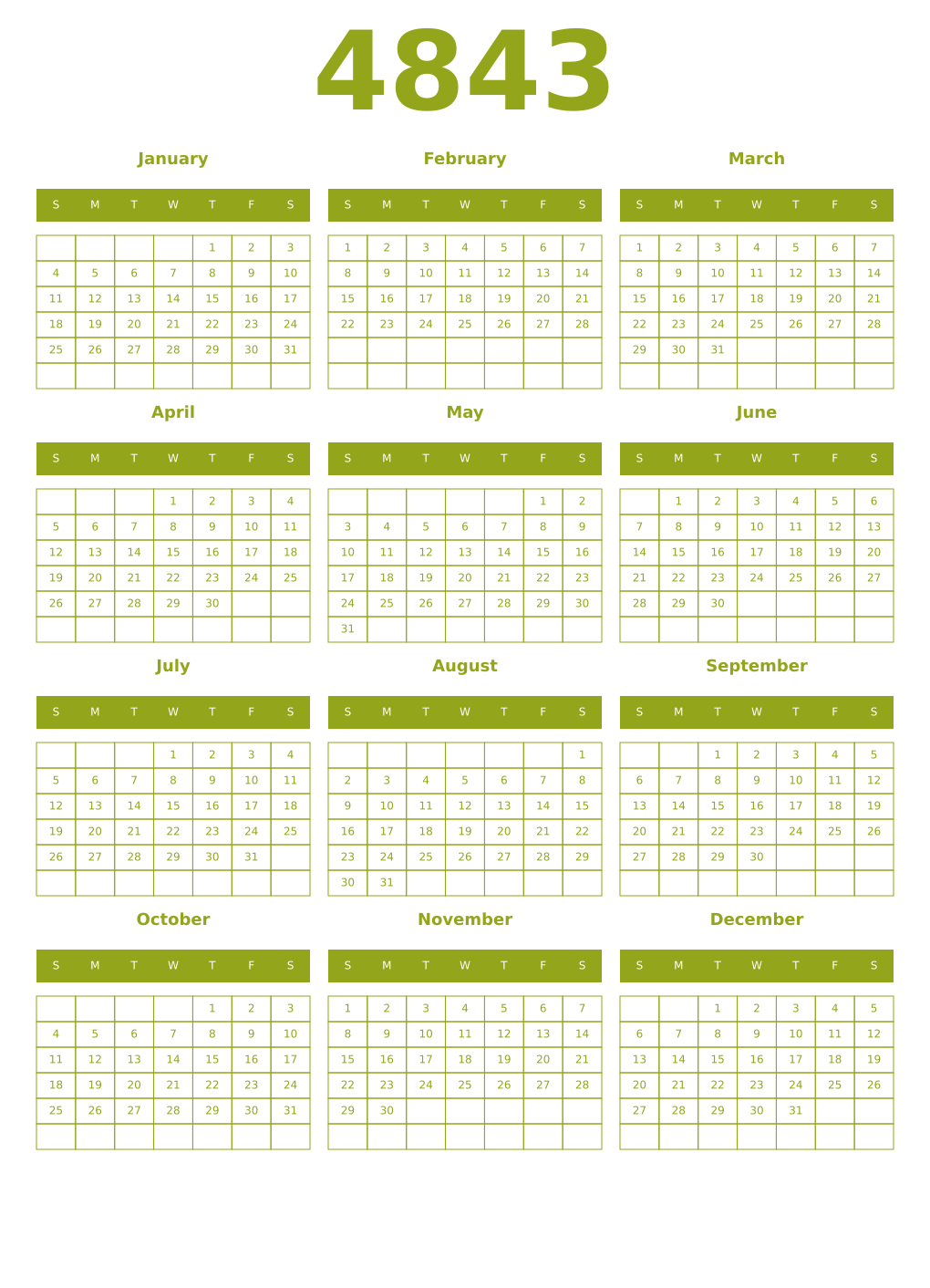 Printable 4843 Year Calendars chartreuse