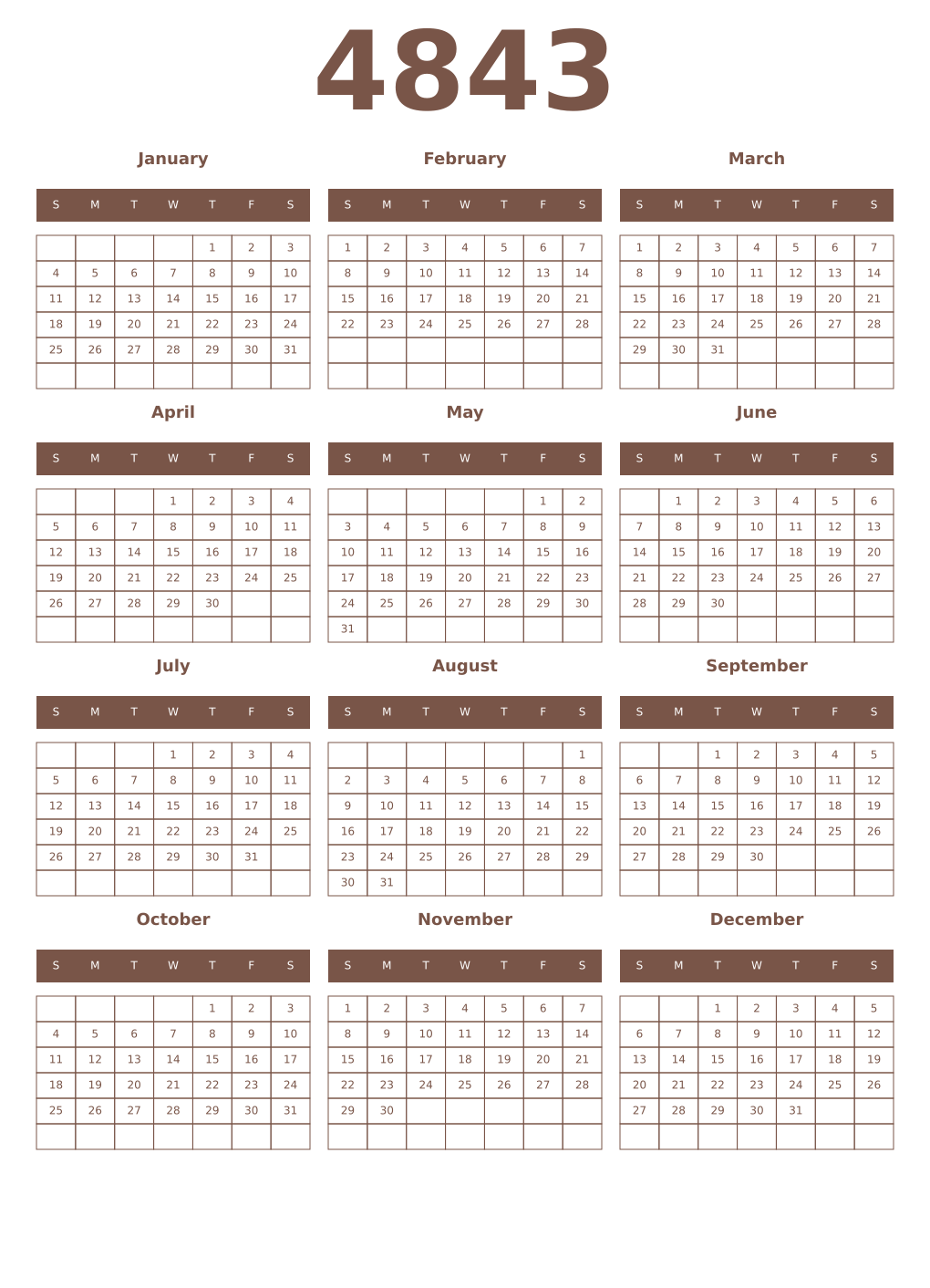Printable 4843 Year Calendars coffe
