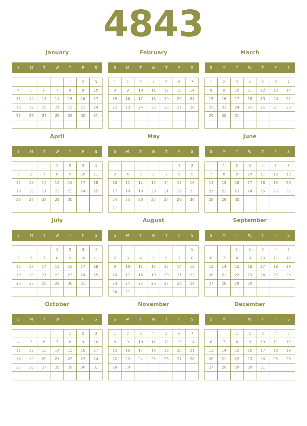 Printable 4843 Year Calendars eburnean