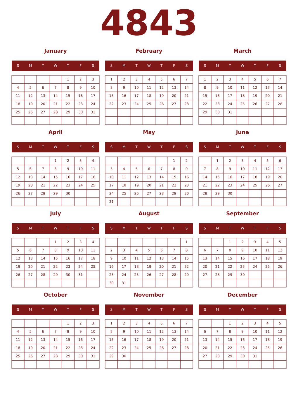 Printable 4843 Year Calendars falu