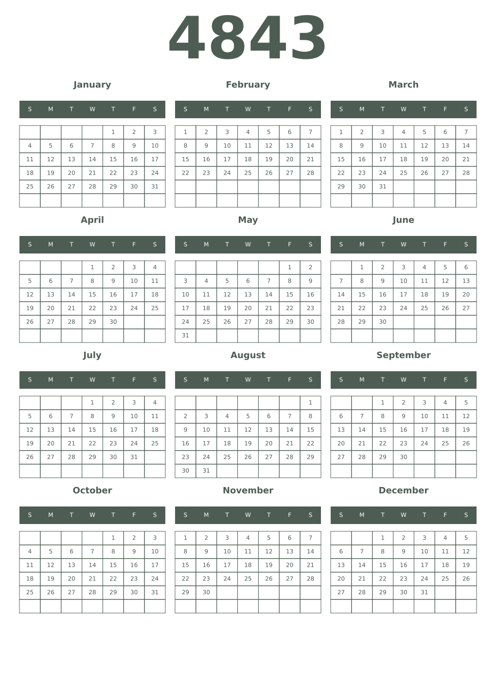 Printable 4843 Year Calendars feldgrau