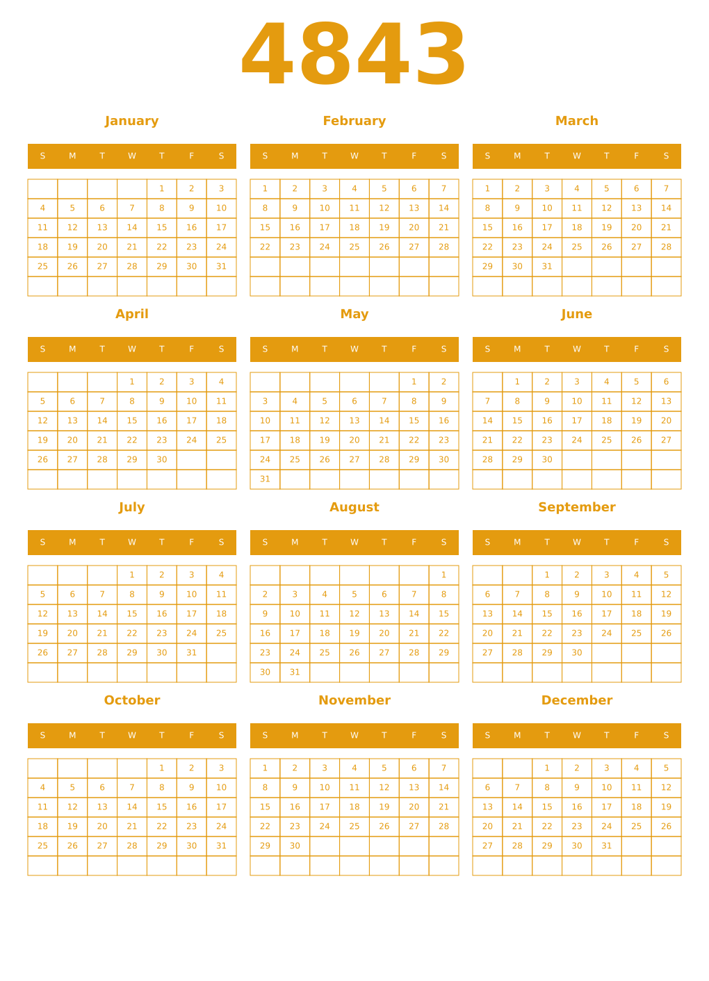 Printable 4843 Year Calendars gamboge