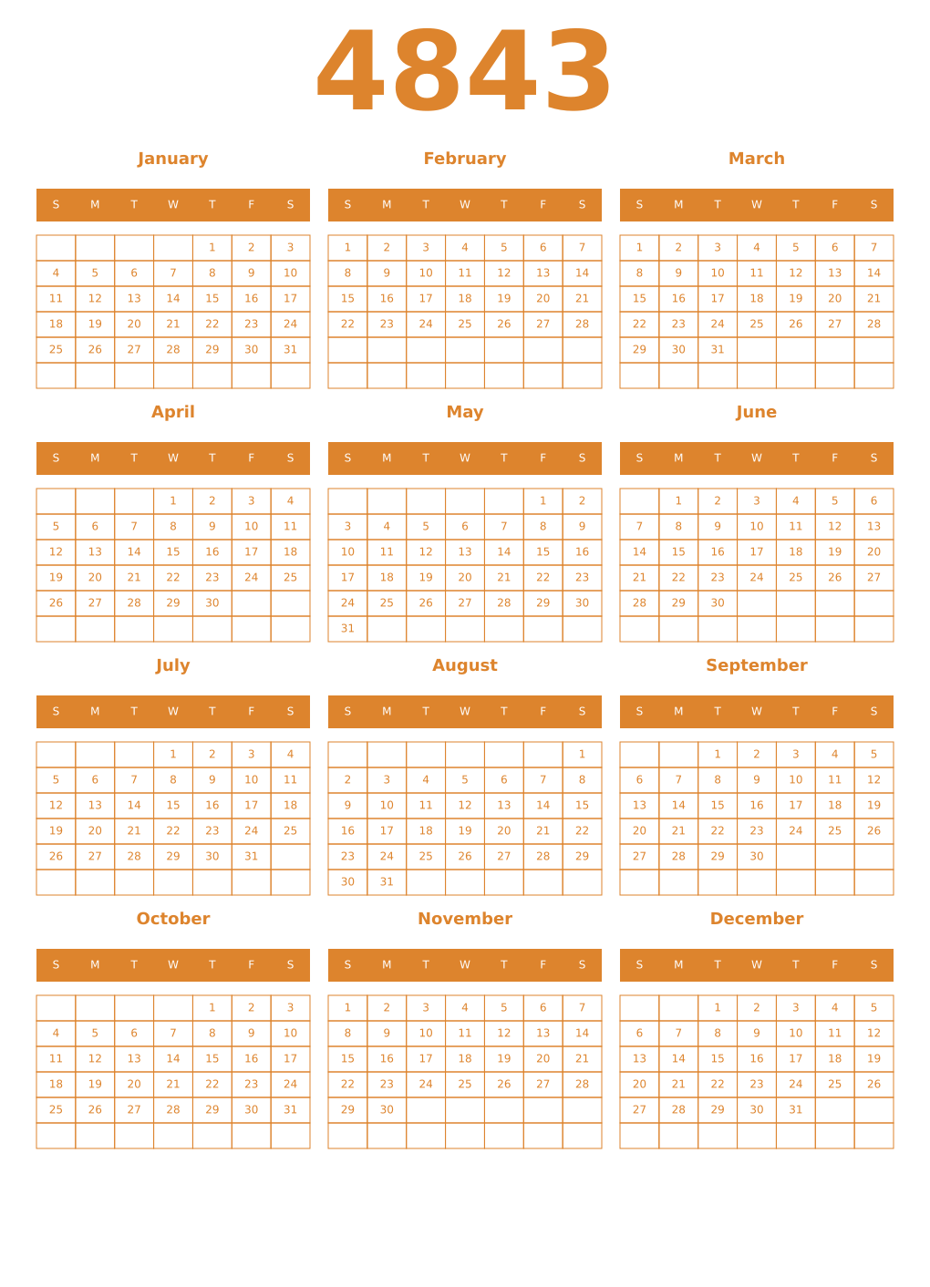 Printable 4843 Year Calendars orange