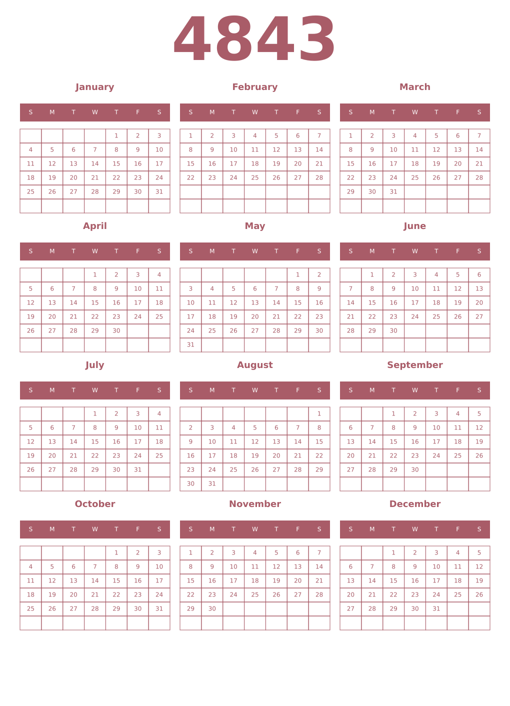 Printable 4843 Year Calendars puce