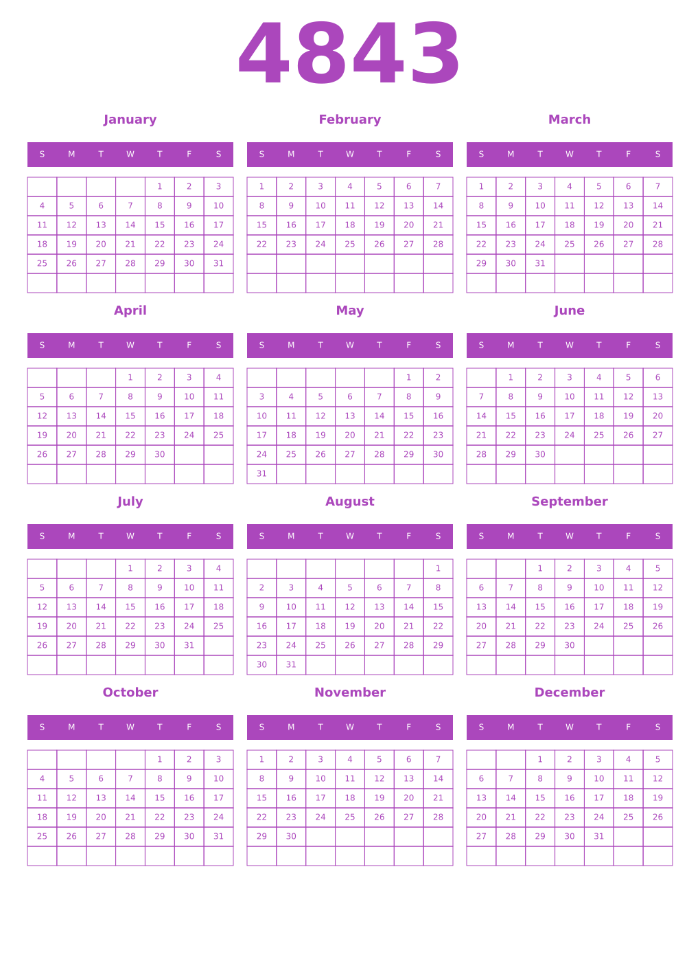 Printable 4843 Year Calendars purple