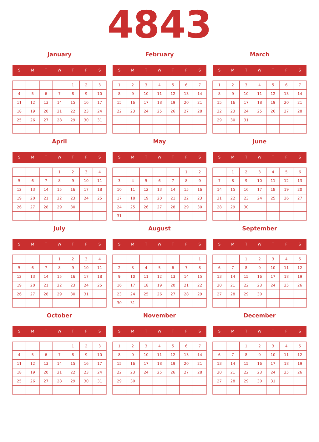 Printable 4843 Year Calendars red