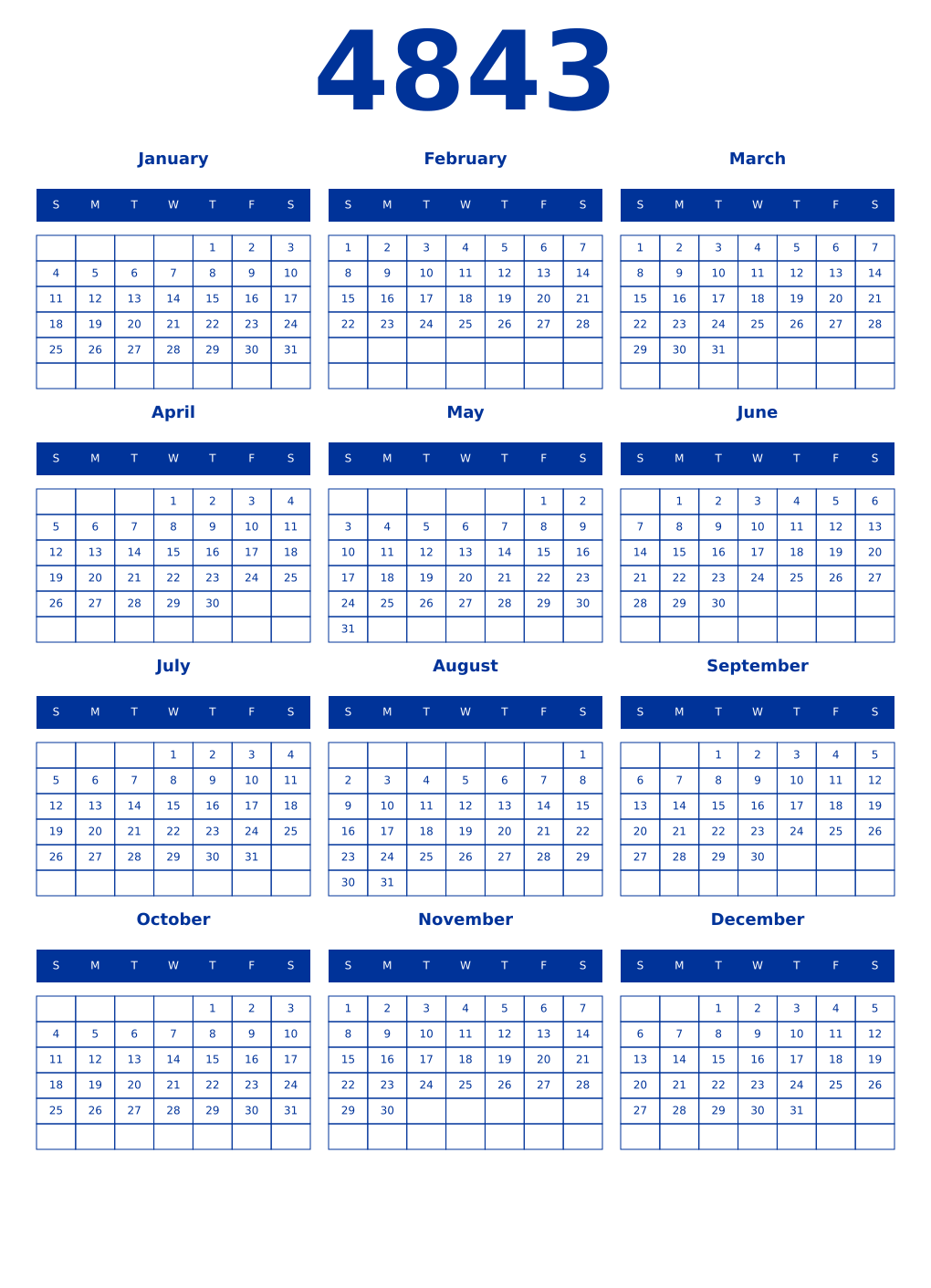 Printable 4843 Year Calendars smalt