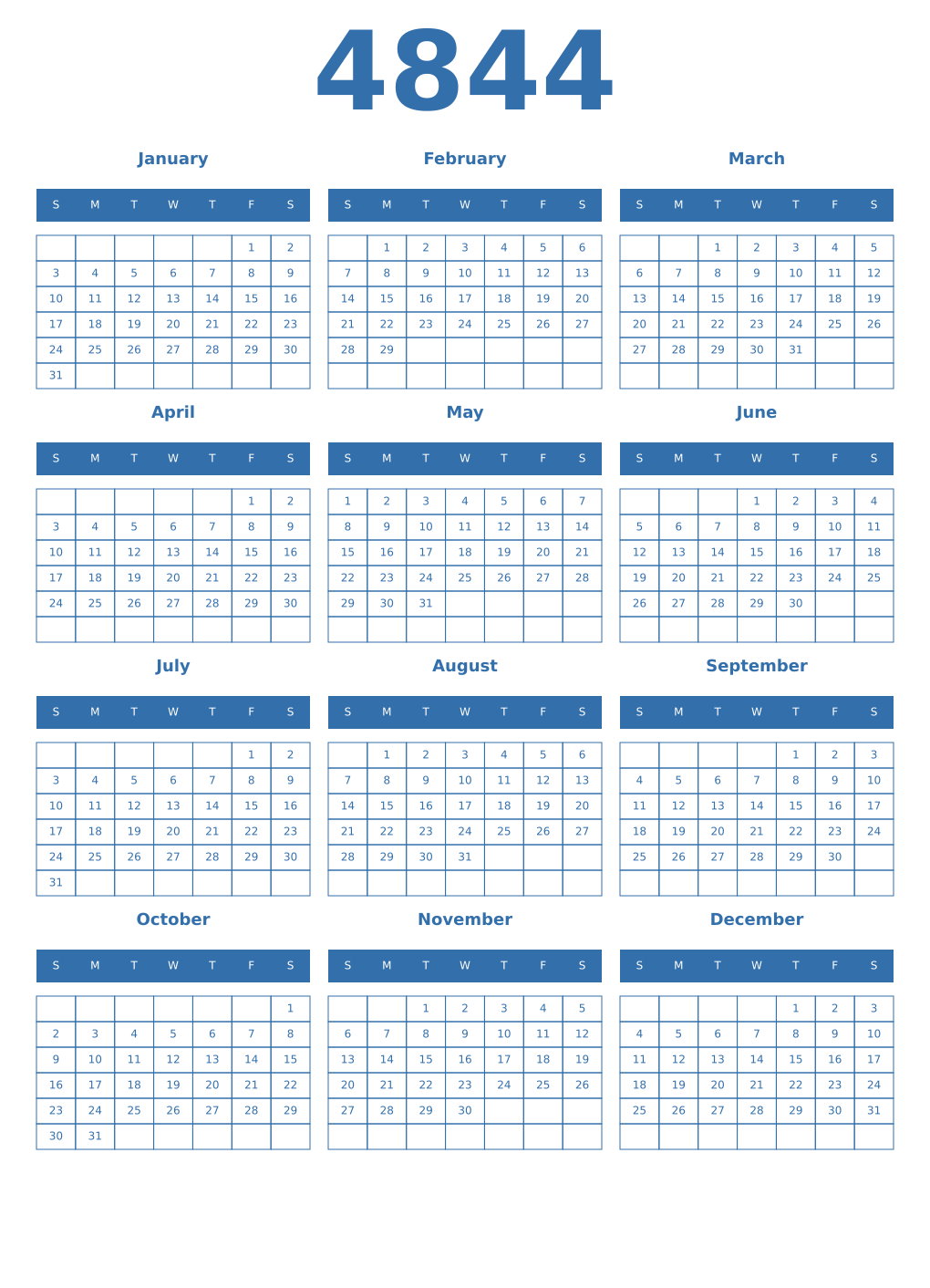 Printable 4844 Year Calendars blue