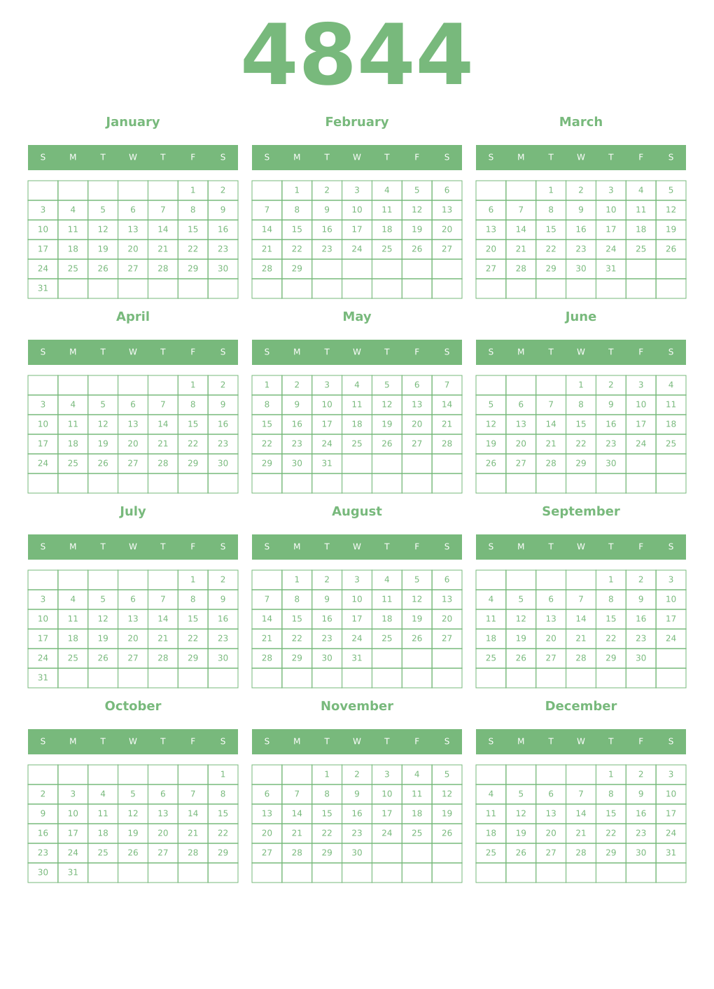 Printable 4844 Year Calendars celadon