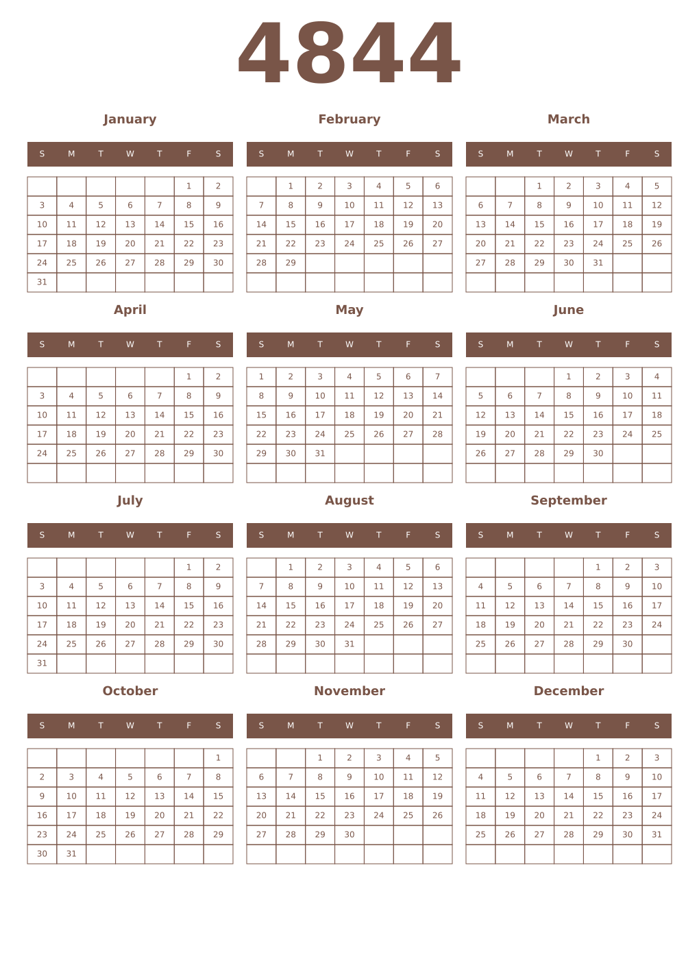 Printable 4844 Year Calendars coffe