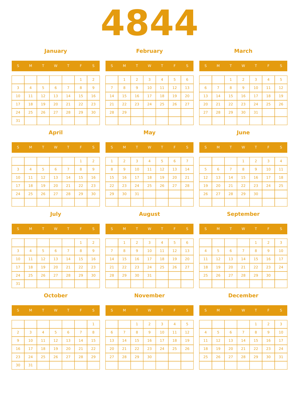 Printable 4844 Year Calendars gamboge