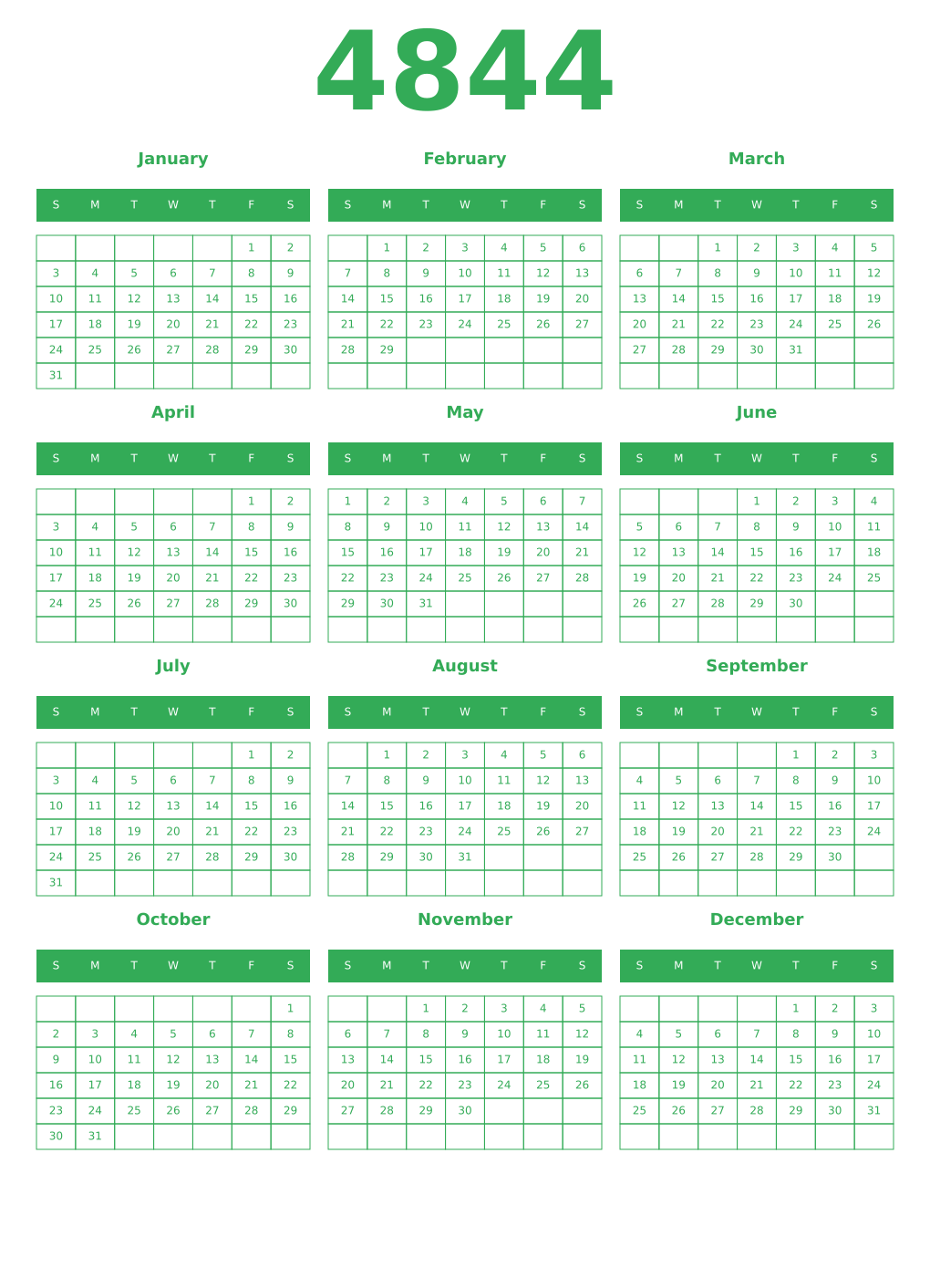 Printable 4844 Year Calendars green