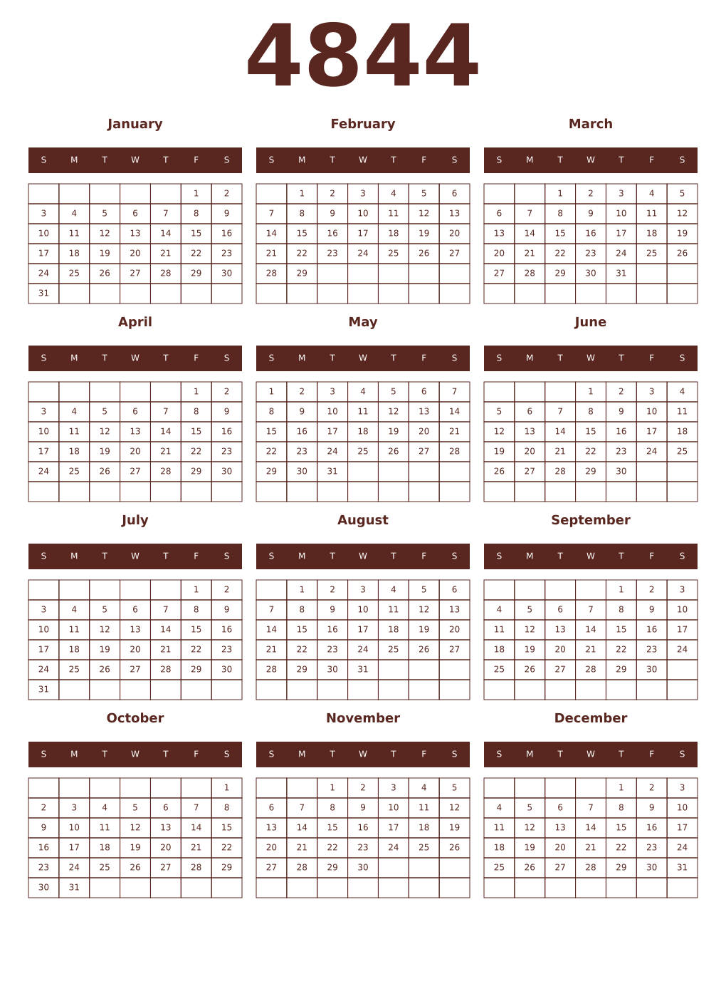 Printable 4844 Year Calendars mortuum