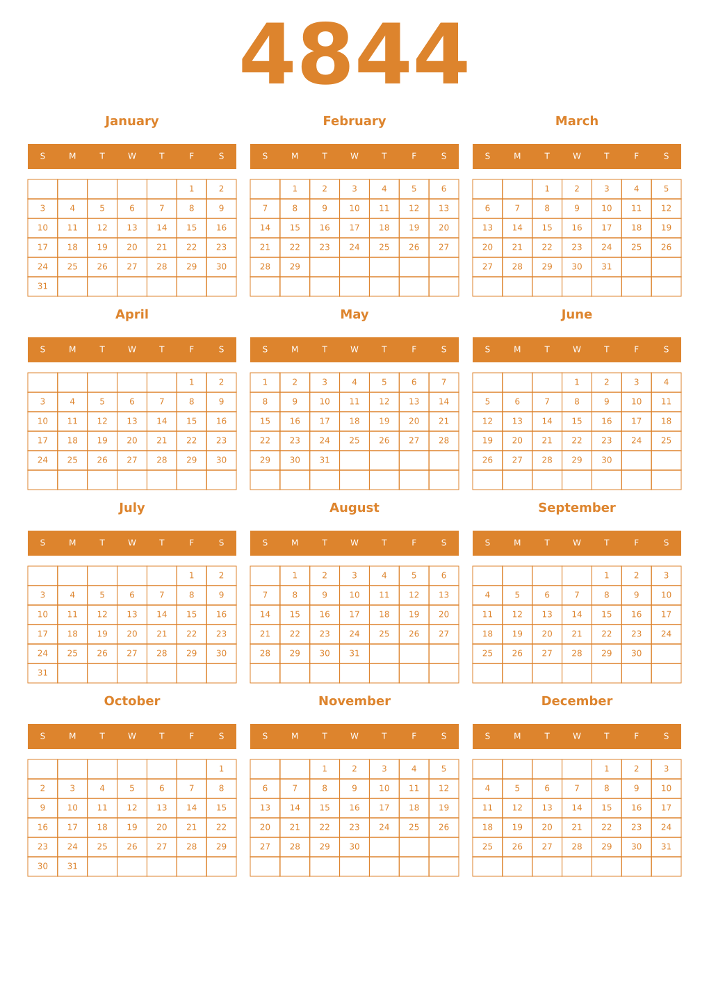 Printable 4844 Year Calendars orange