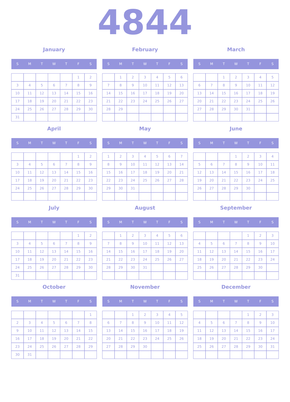 Printable 4844 Year Calendars periwinkle