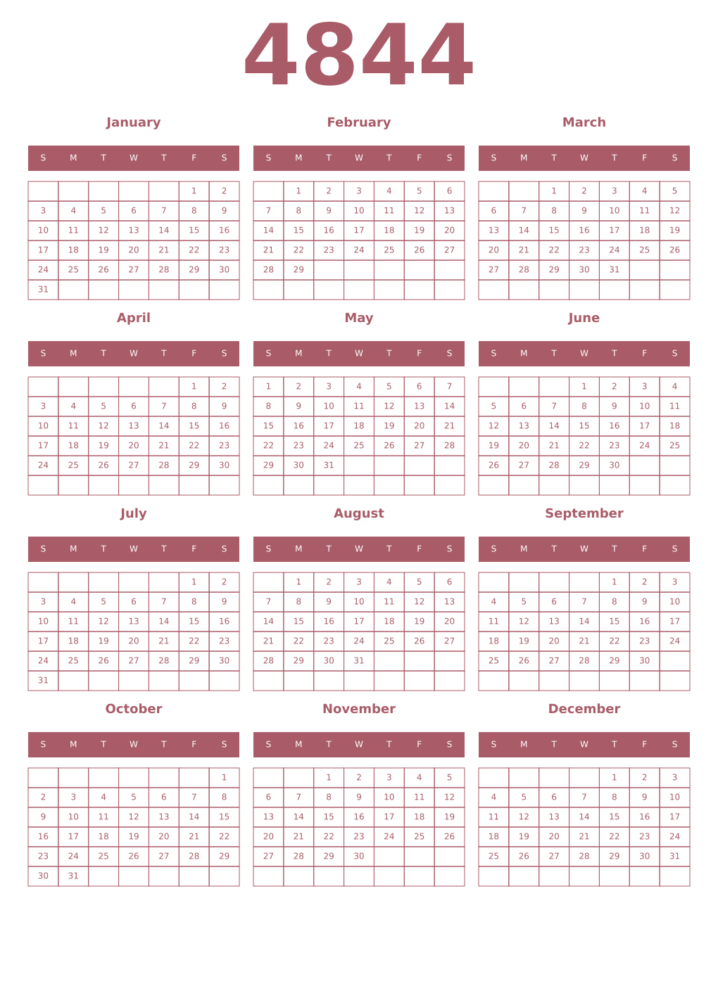 Printable 4844 Year Calendars puce